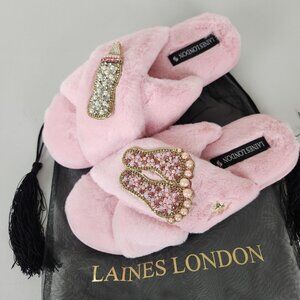 Laines London Slippers Womens Medium Pink Faux Fur Jewel Baby Girl Slides NEW